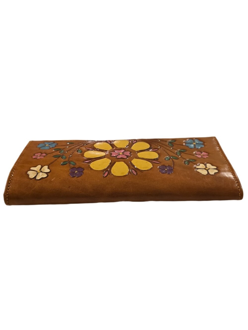 Vintage Brown Leather Wallet with Multicolor Floral Appliqué - Picture 5 of 14